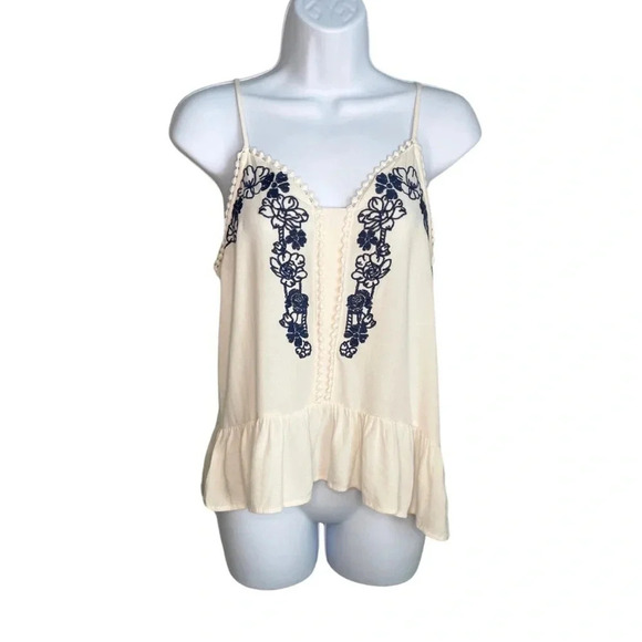 Embroidered Cream & Blue Floral Tank Top Boho Chic, Adjustable Spaghetti Straps - Picture 2 of 7